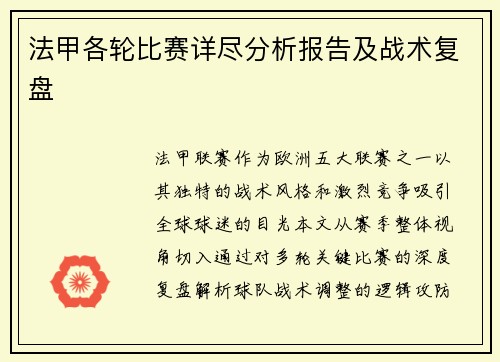 法甲各轮比赛详尽分析报告及战术复盘